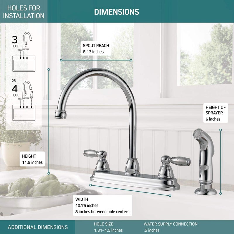 Peerless Claymore 2-Handle Kitchen Sink Faucet with Side Sprayer, Chrome P299575LF - Image 3